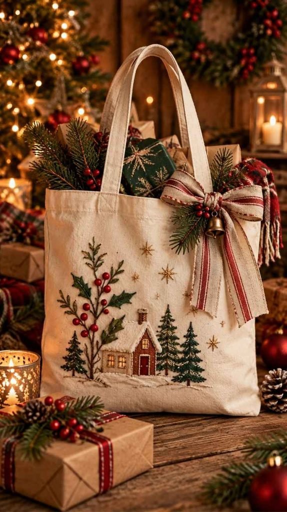 Handmade Christmas tote bag with embroidered winter cottage, holly, evergreen trees, ribbon, and festive gift details
