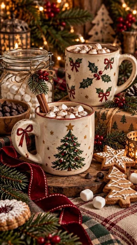 Hand-painted Christmas mugs with holly, Christmas tree, bows, marshmallows, and cozy hot chocolate details