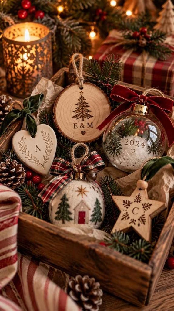 Personalized handmade Christmas ornaments with initials, dates, wood slices, clear baubles, and festive ribbon