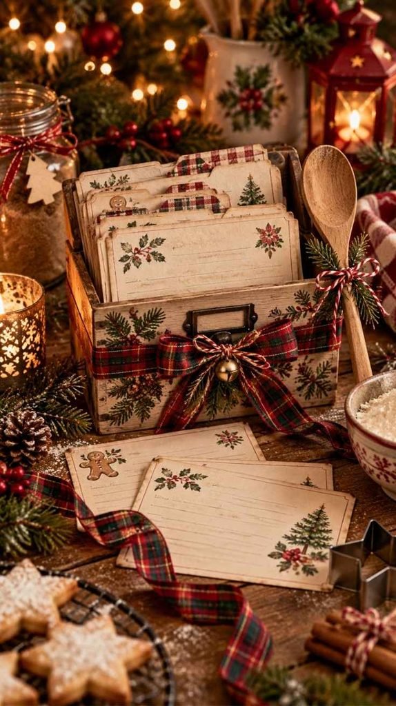Handmade Christmas recipe box with festive recipe cards, plaid ribbon, greenery, and cozy baking details