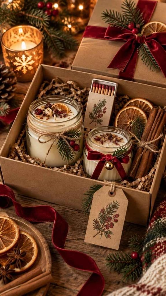 Handmade Christmas gifts featuring a cozy candle gift set with matches, dried orange slices, cinnamon sticks, greenery, and festive ribbon