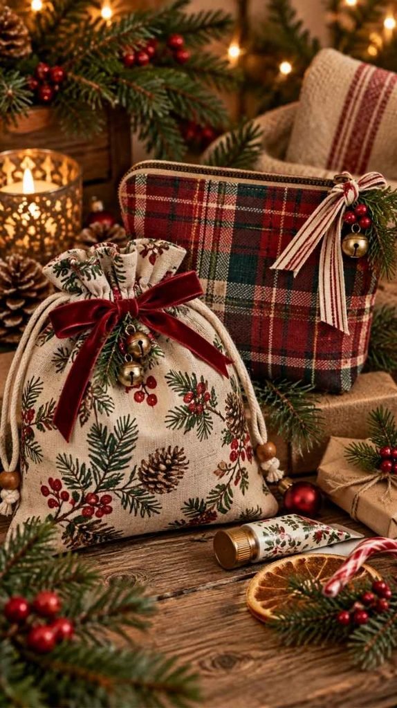 Handmade Christmas fabric pouches in plaid and botanical holiday prints with velvet bows and festive embellishments