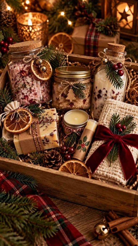 DIY Christmas self-care gift set with bath salts, sugar scrub, soap, lip balm, washcloth, dried orange, and greenery