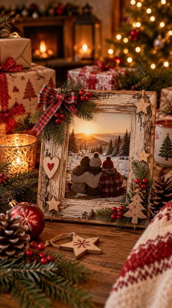 Handmade Christmas photo frame decorated with plaid ribbon, greenery, berries, wooden stars, and a winter family photo