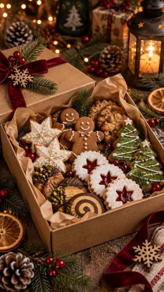Homemade Christmas cookie box with gingerbread cookies, tree cookies, star cookies, jam cookies, and festive wrapping
