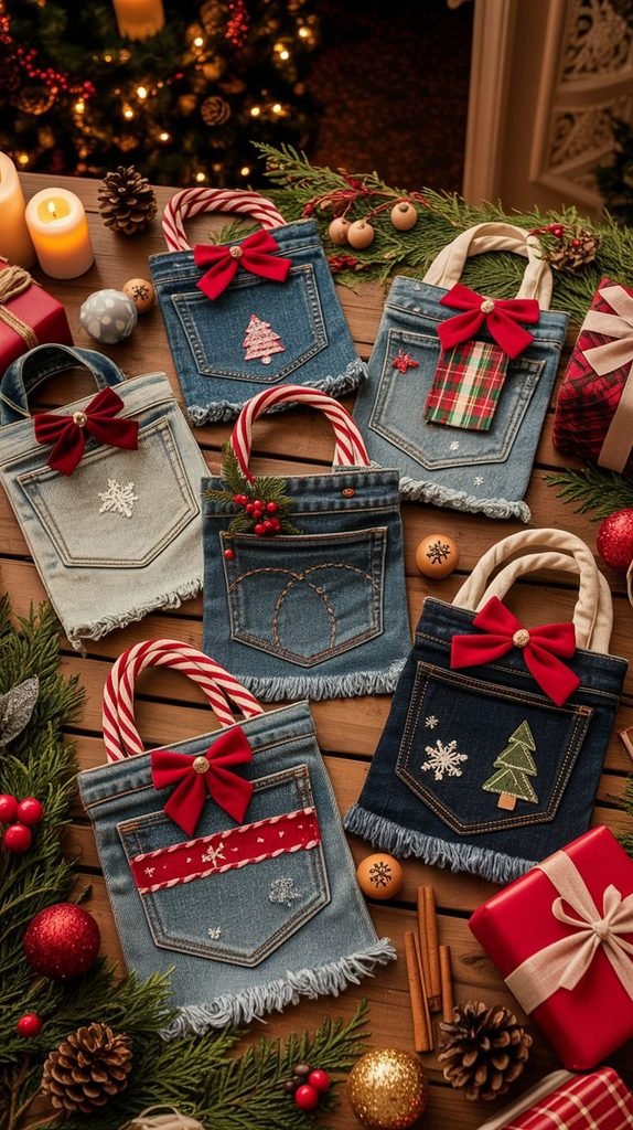 Upcycled denim Christmas gift bag made from old jeans, featuring a denim pocket and festive fabric decorations.