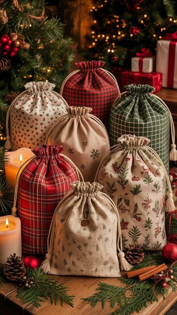Reusable cotton Christmas gift bag with festive tree prints and a drawstring closure, styled for handmade holiday gifts.