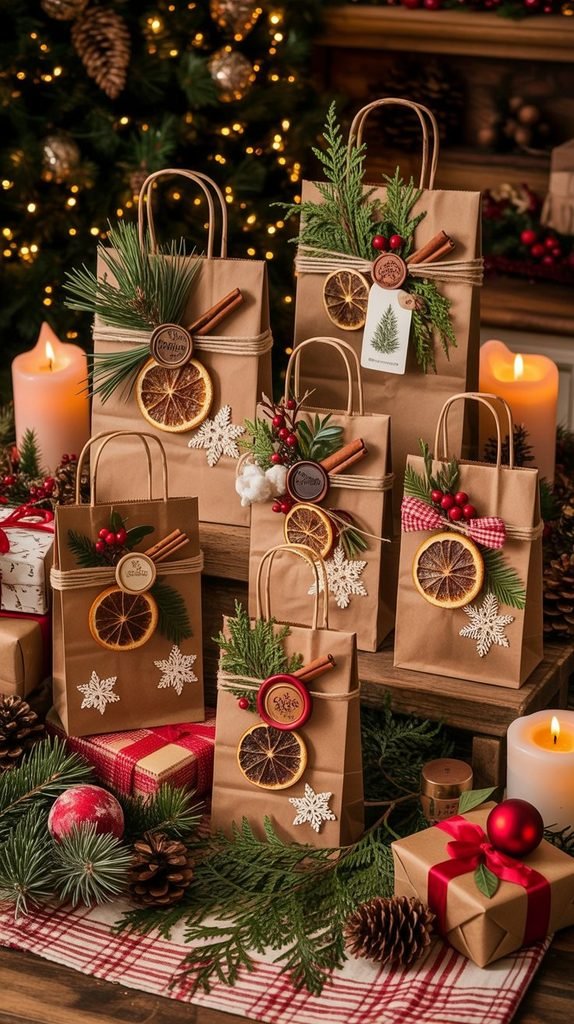Rustic kraft paper Christmas gift bag decorated with natural twine, dried orange slices, cinnamon sticks and evergreen sprigs.