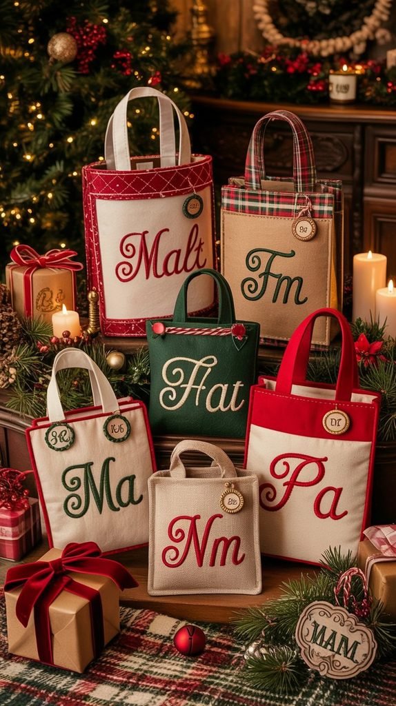 Personalized handmade Christmas gift bag featuring a decorative name or initial and festive embellishments.