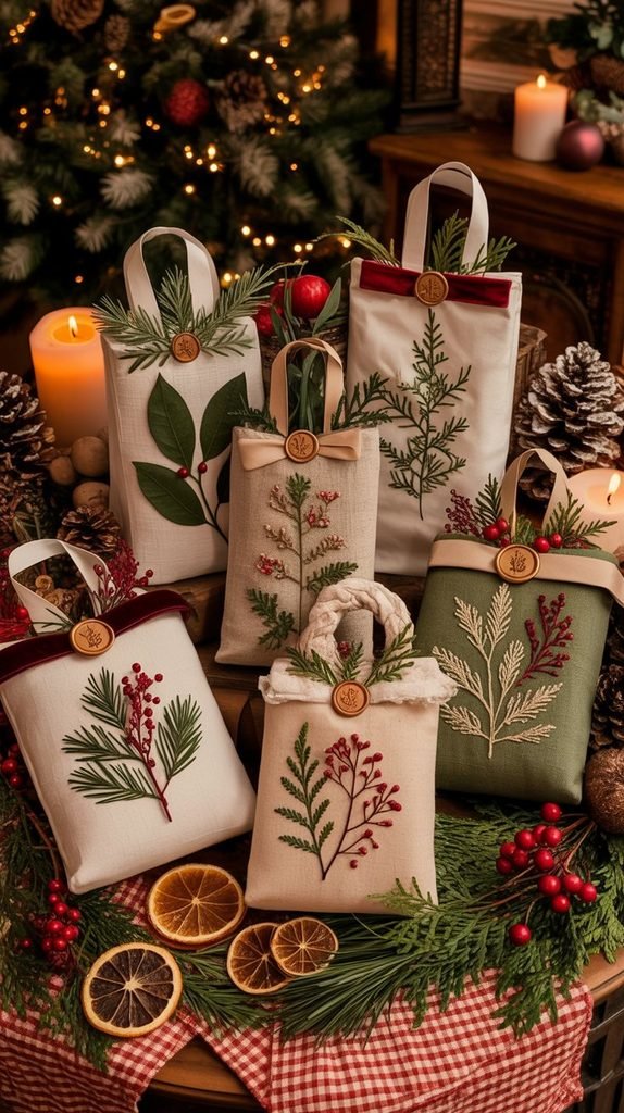 Nature-inspired Christmas gift bag decorated with botanical greenery, delicate branches and natural twine.