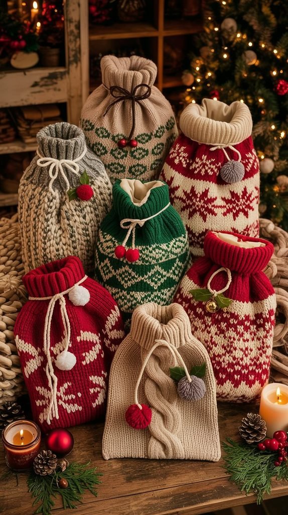 Upcycled Christmas sweater gift bag featuring cozy knitted fabric, winter patterns and a decorative tie closure.