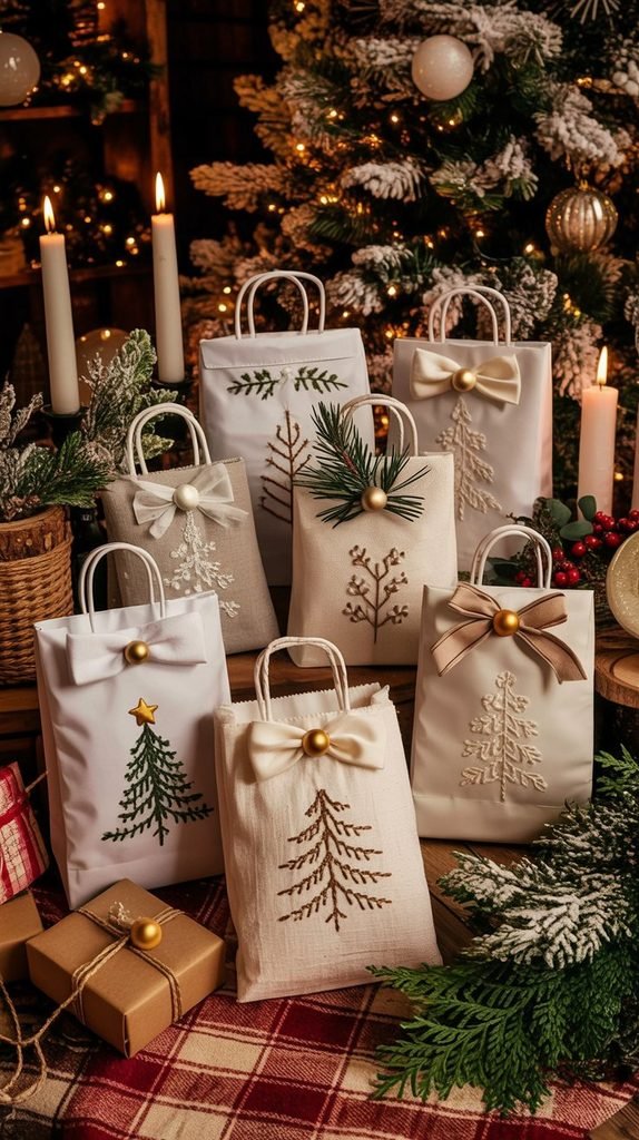 Minimalist white Christmas gift bag decorated with a small holiday accent and an elegant ribbon.
