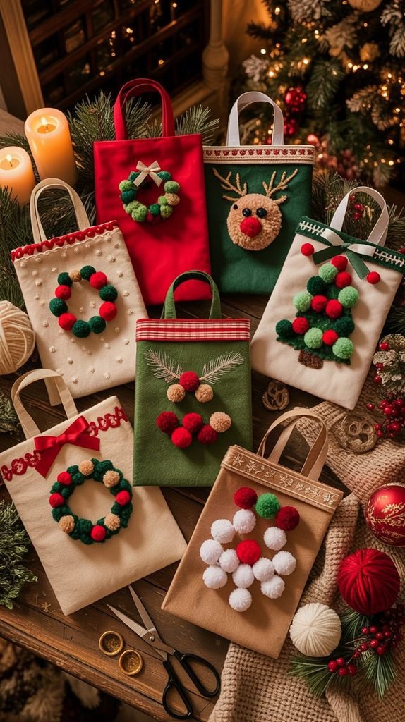 Handmade Christmas gift bag embellished with colorful yarn pom-poms arranged in a playful festive design.