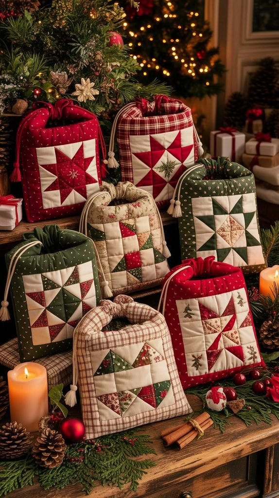 Handmade quilted Christmas gift bag featuring stitched holiday fabric panels and a soft padded texture.
