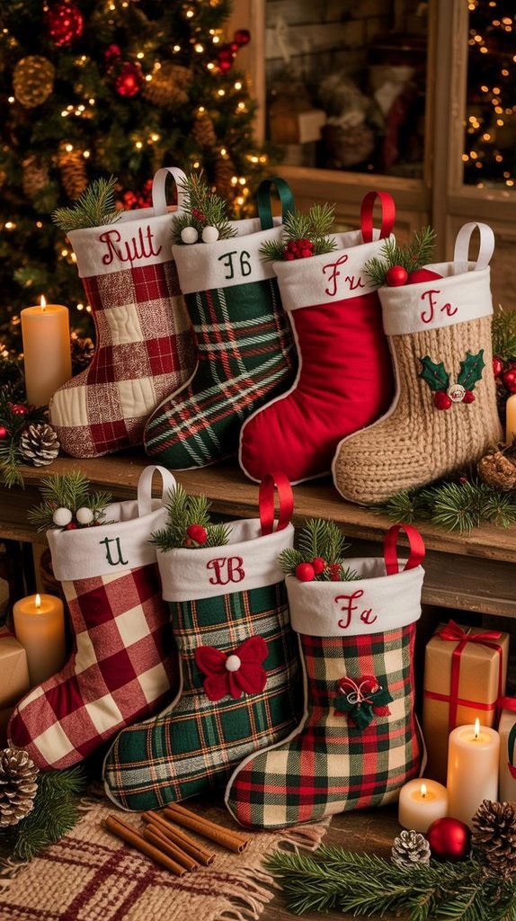 Handmade Christmas stocking-shaped gift bag with a contrasting fabric cuff and ribbon hanging loop.
