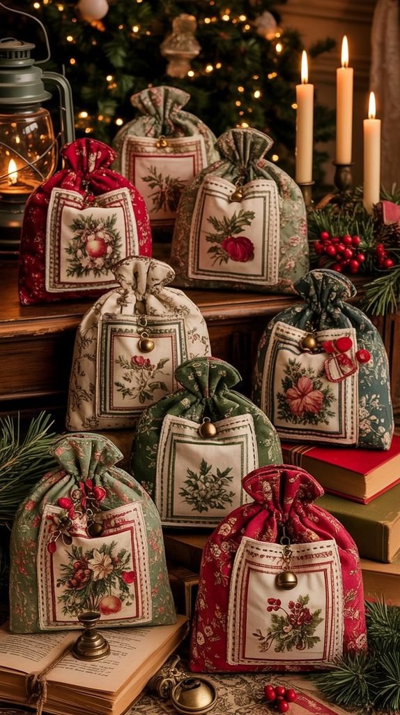 Vintage-inspired Christmas gift bag with nostalgic floral fabric, lace details and a velvet ribbon.