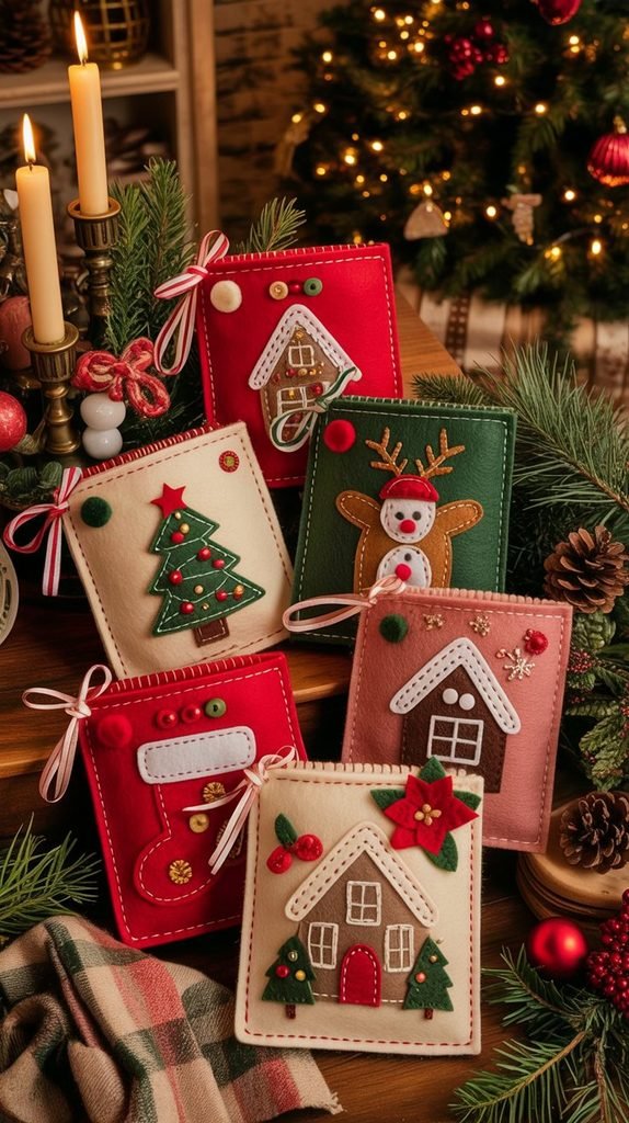 Handmade felt Christmas gift bag decorated with colorful holiday appliqué shapes and decorative stitching.