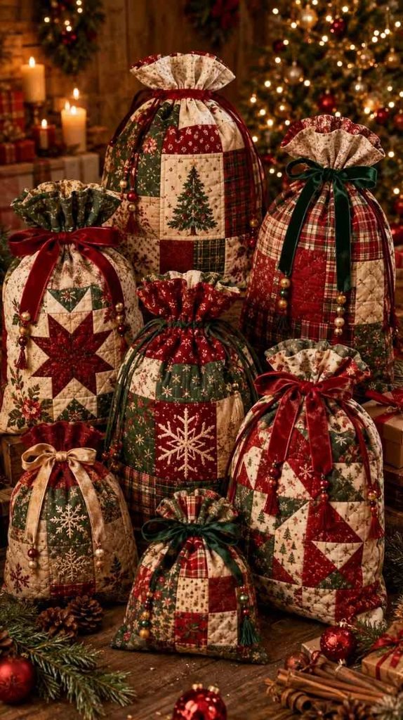 Handmade patchwork Christmas gift bag made with red gingham, green floral and cream fabric scraps, finished with a decorative ribbon.