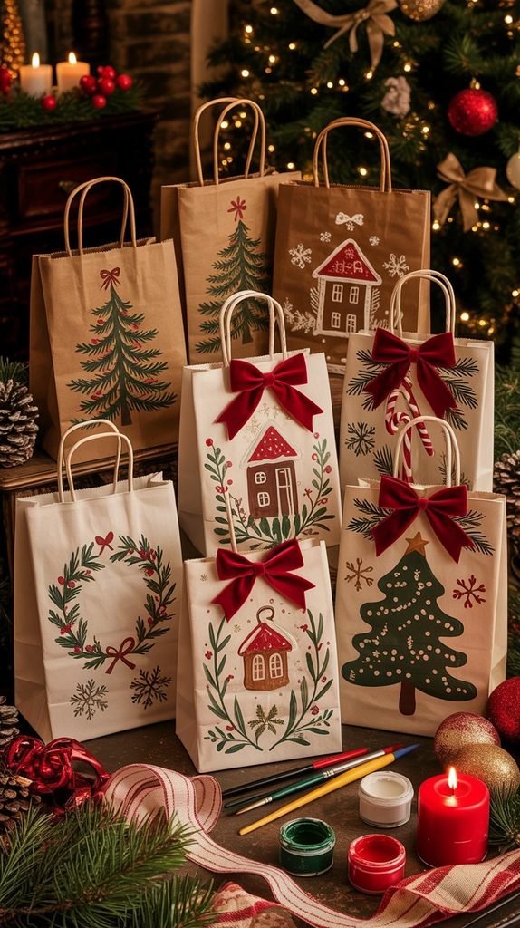 Hand-painted Christmas gift bag decorated with tiny Christmas trees, stars and festive illustrations.