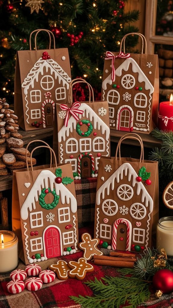 Kraft paper Christmas gift bag decorated like a gingerbread house with white icing details, windows and a festive ribbon.
