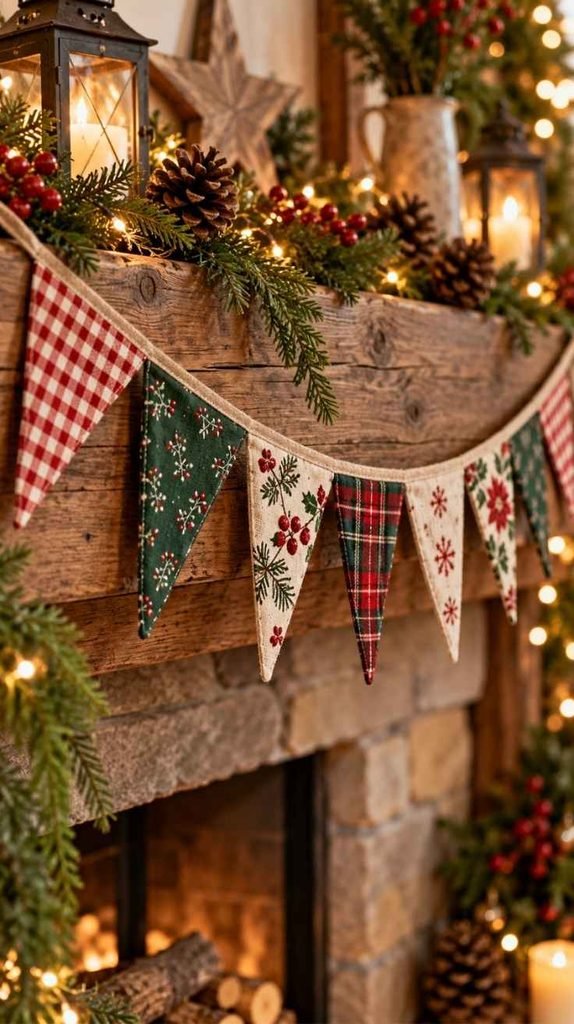 Handmade Christmas fabric bunting with triangular flags in red gingham, green plaid, and festive floral prints hanging across a rustic mantel.