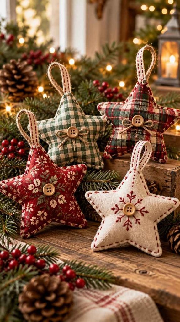 Handmade stuffed Christmas star ornaments in red floral, green gingham, plaid, and cream fabric with wooden buttons and ribbon loops.