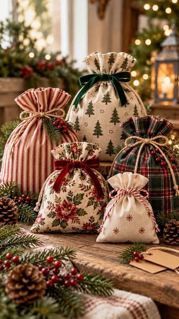 Reusable Christmas fabric gift bags in festive floral, striped, plaid, and Christmas tree prints, tied with ribbon and twine.