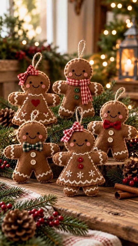 Handmade gingerbread Christmas ornaments made from brown felt with embroidered icing details, colorful buttons, and plaid bows.