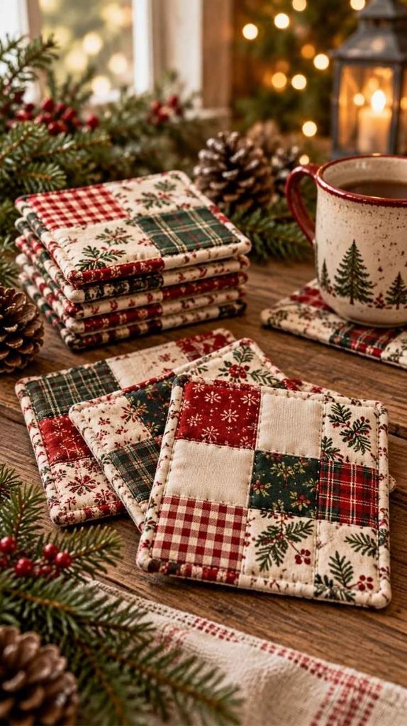 Handmade quilted Christmas coasters featuring patchwork squares of red gingham, green plaid, cream cotton, and festive floral fabrics.