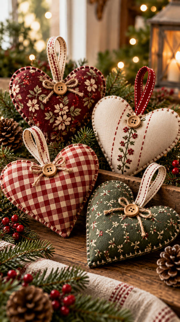 Handmade stuffed Christmas heart ornaments in burgundy floral, red gingham, cream linen, and green cotton with decorative stitching.