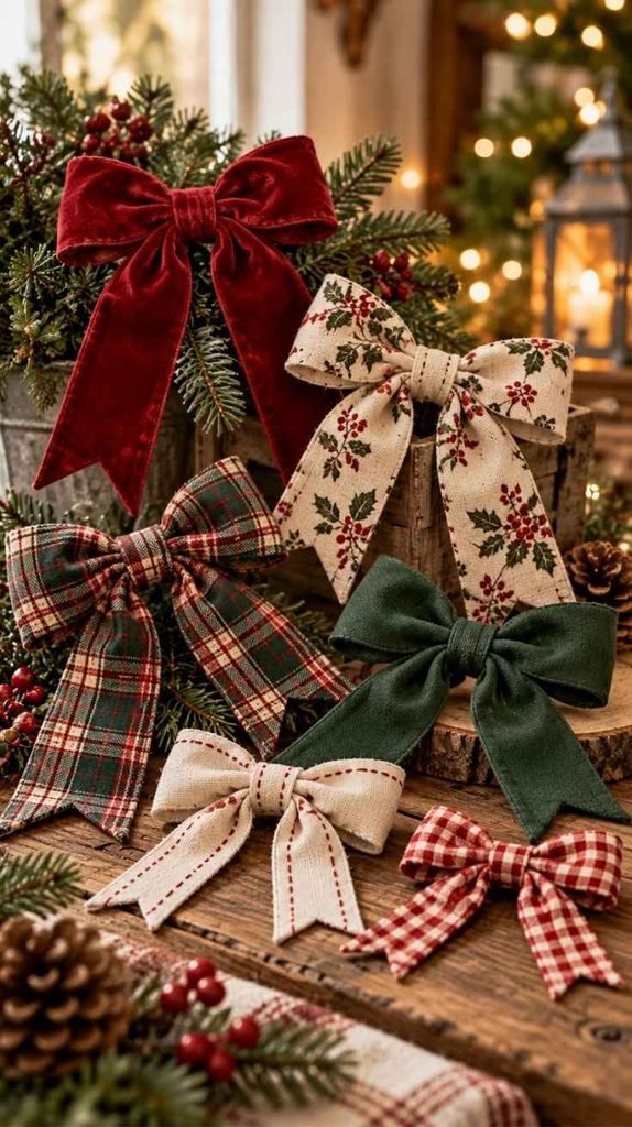 Handmade Christmas fabric bows in burgundy velvet, green cotton, red gingham, and festive floral prints arranged with evergreen branches.