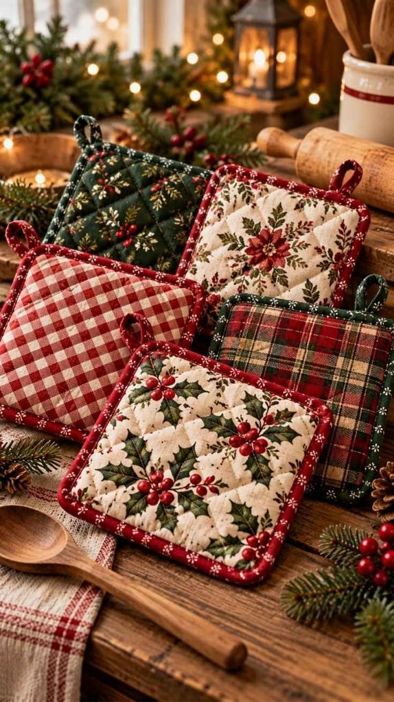 Handmade quilted Christmas potholders in red gingham, green holly prints, and festive plaid fabric with contrasting binding and hanging loops.