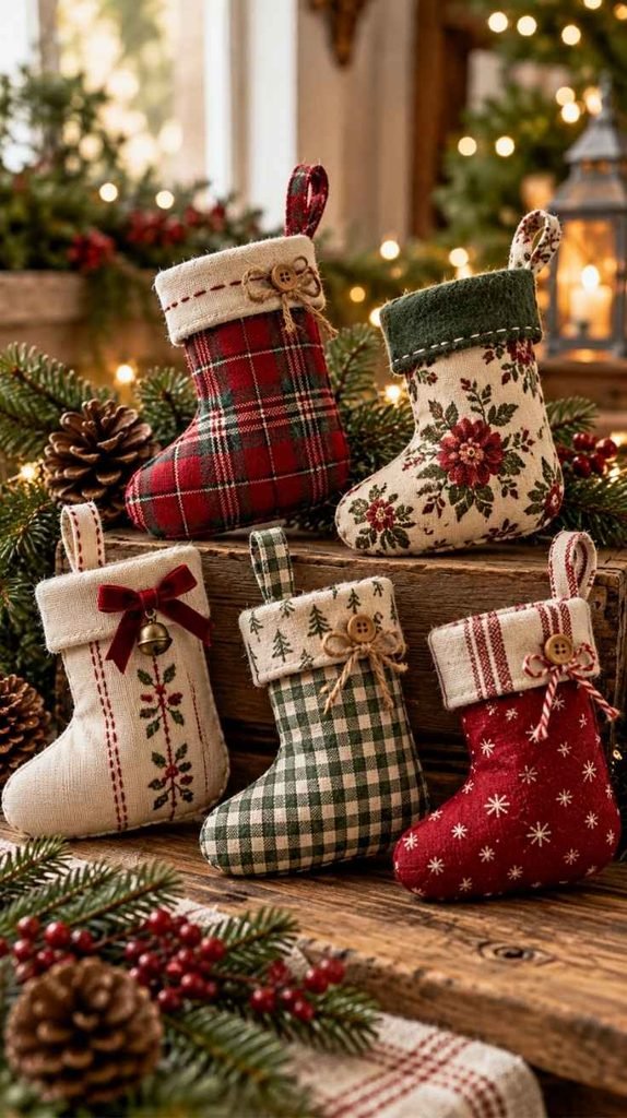 Mini handmade Christmas stockings sewn from red plaid, green gingham, and vintage floral fabrics with decorative cuffs and hanging loops.