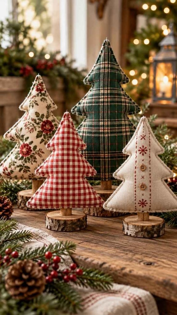 Handmade stuffed fabric Christmas trees in green plaid, red gingham, and floral cotton, displayed on rustic wooden bases.