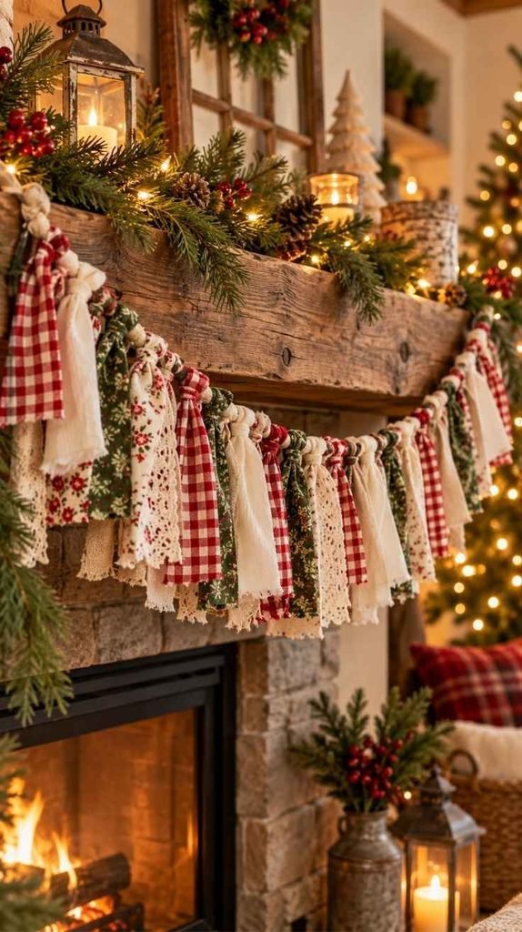 Handmade Christmas garland with knotted red gingham, green floral and cream fabric scraps draped across a rustic wooden mantel.