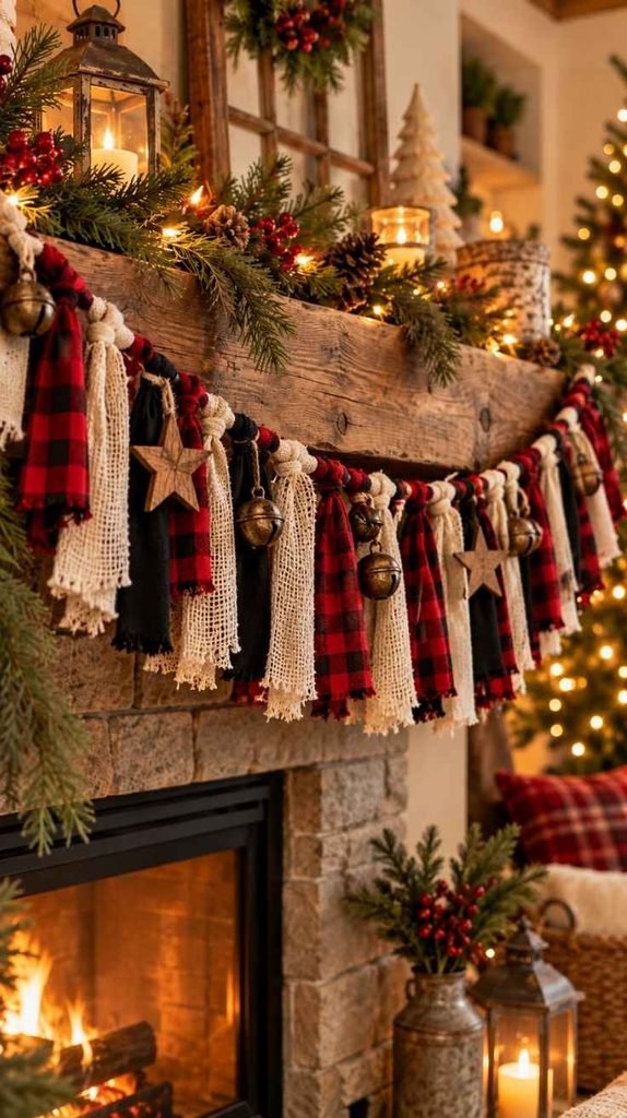Rustic Christmas garland made with red and black buffalo plaid fabric, cream lace and wooden star decorations.