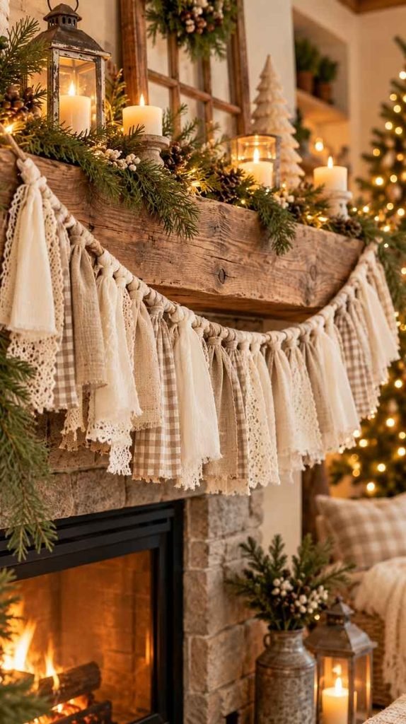 Neutral farmhouse Christmas garland featuring knotted beige linen, cream cotton and delicate lace fabric scraps.