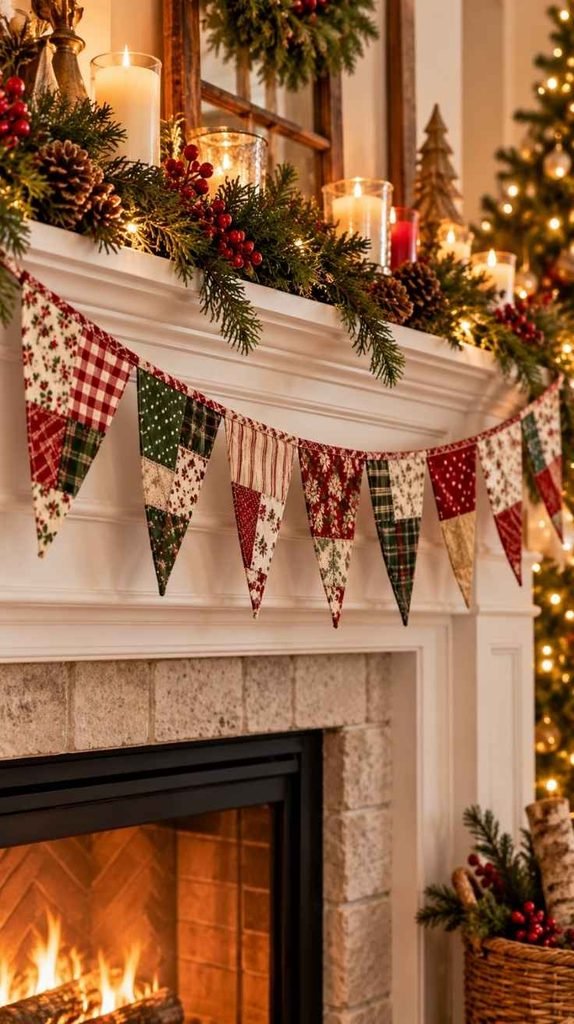 Handmade patchwork Christmas bunting with triangular flags made from different festive cotton fabric scraps.