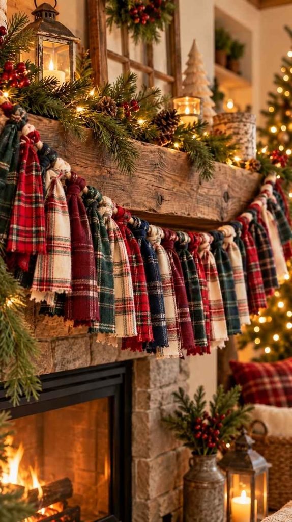 Cozy flannel Christmas garland made with red, burgundy and forest green plaid fabric strips.