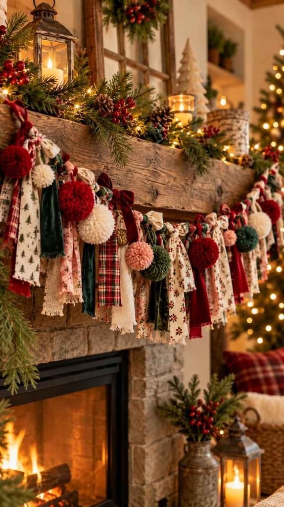 Colorful Christmas garland combining patterned fabric strips with fluffy red, cream and green yarn pom-poms.