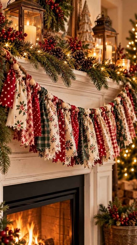 Vintage-inspired Christmas fabric garland featuring faded red floral prints, cream lace and green cotton scraps.