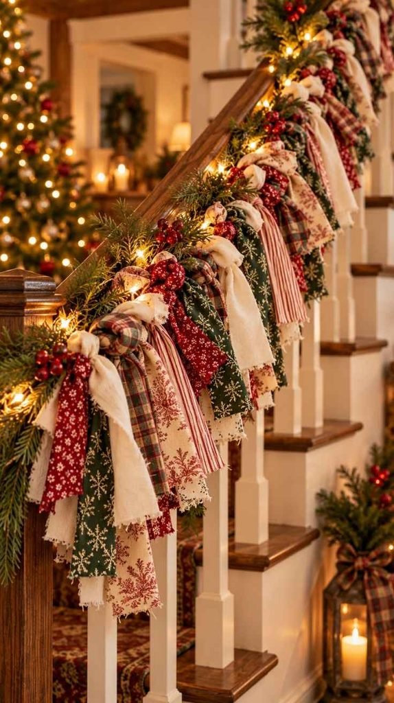 No-sew Christmas rag garland made from tied red, green and cream fabric strips decorating a staircase.
