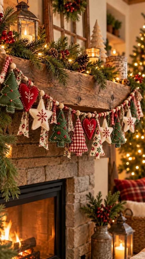 Christmas garland featuring handmade felt trees, fabric hearts and stars hanging from natural twine.