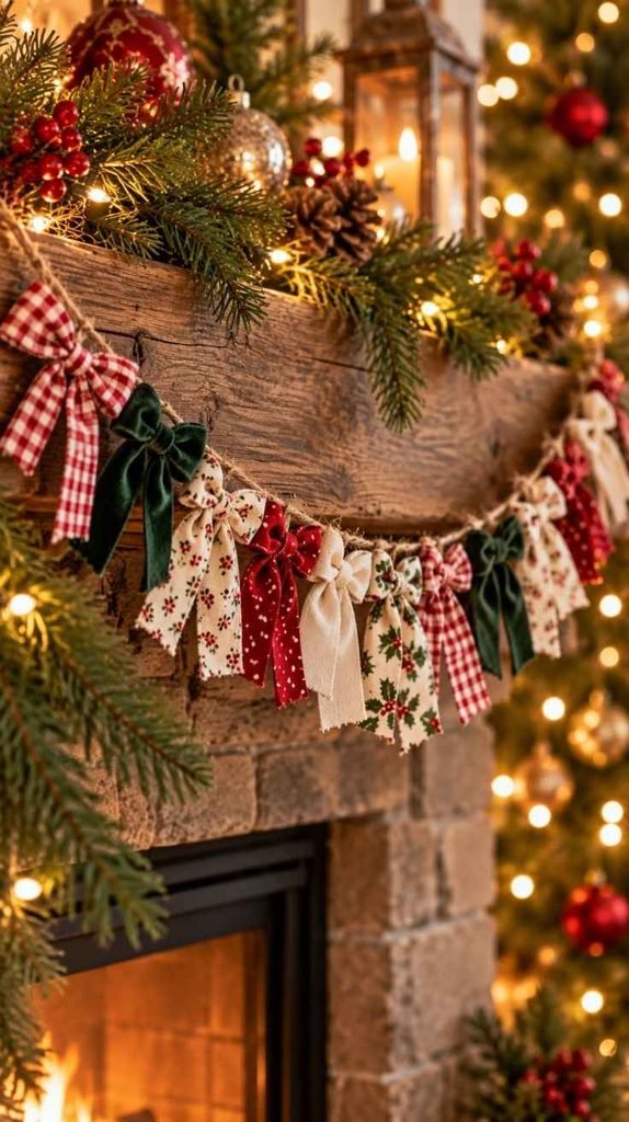 Handmade Christmas garland with small fabric bows in red gingham, floral cotton and green velvet.